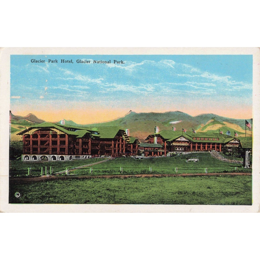 Vtg Glacier Park Hotel Postcard Montana White Border Kiser Great Northern RR - Picture 1 of 2